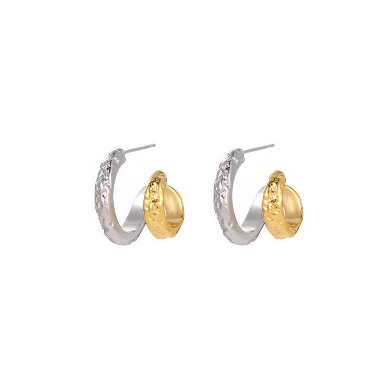 French Retro Two-Color Meteorite Earrings: Hollow Hammer Pattern, Versatile