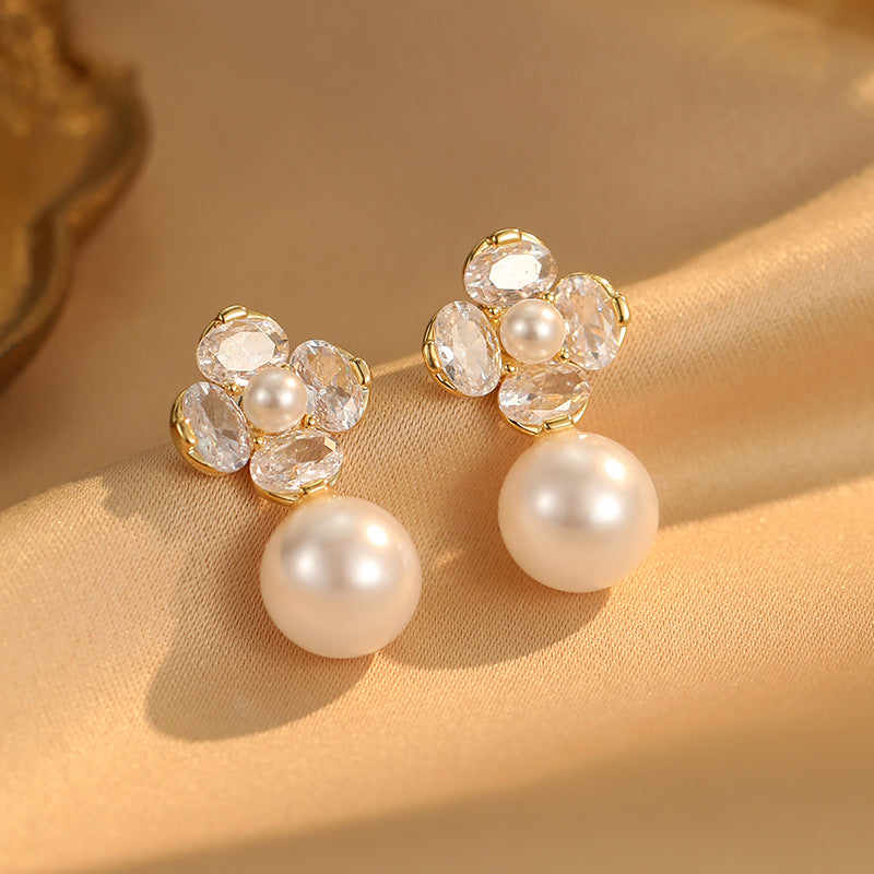 S925 Silver Needle Flower Pearl Earrings: Diamond Inlaid, Gentle, Versatile