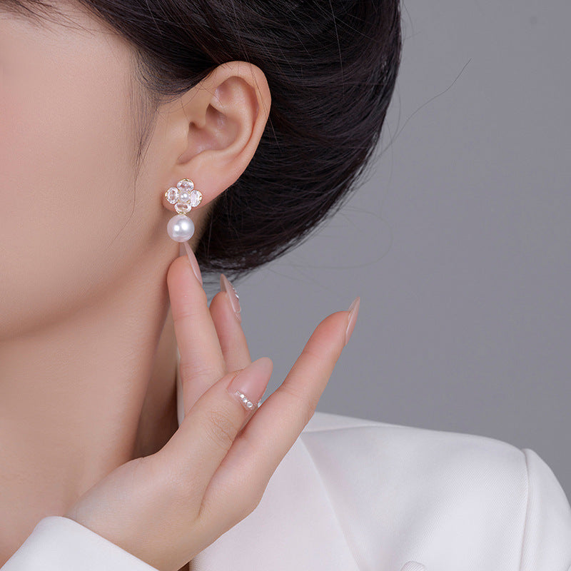 S925 Silver Needle Flower Pearl Earrings: Diamond Inlaid, Gentle, Versatile