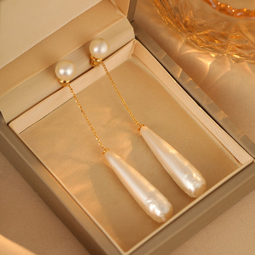 18 Karat Echtgold Galvanisierte Silbernadel Baumwollperle Wassertropfen-Anhänger Ohrring Französische elegante Ohrringe Pendeln Einfache Ohrringe