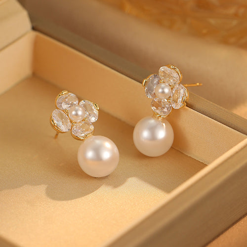 S925 Silver Needle Flower Pearl Earrings: Diamond Inlaid, Gentle, Versatile
