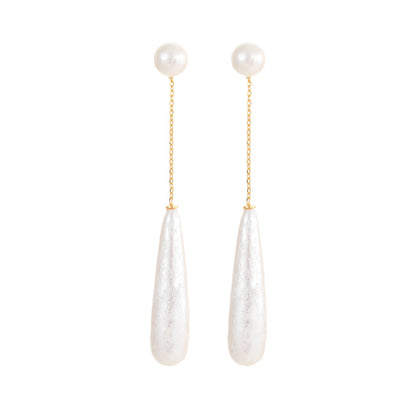 18K Real Gold Electroplated Silver Needle Cotton Pearl Water Droplet Pendant Earring French Elegant Earrings Commuting Simple Earrings