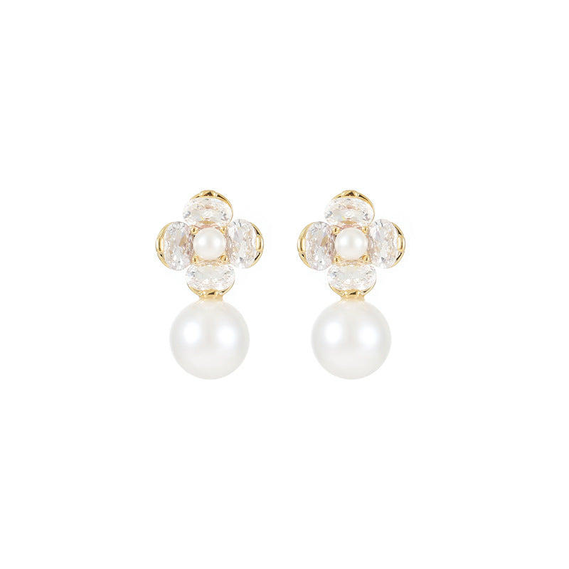 S925 Silver Needle Flower Pearl Earrings: Diamond Inlaid, Gentle, Versatile
