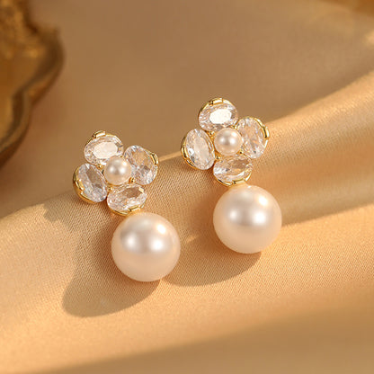 S925 Silver Needle Flower Pearl Earrings: Diamond Inlaid, Gentle, Versatile