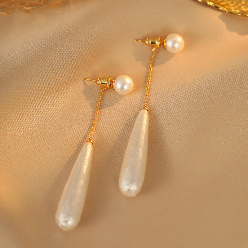 18K Real Gold Electroplated Silver Needle Cotton Pearl Water Droplet Pendant Earring French Elegant Earrings Commuting Simple Earrings