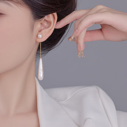 18K Real Gold Electroplated Silver Needle Cotton Pearl Water Droplet Pendant Earring French Elegant Earrings Commuting Simple Earrings